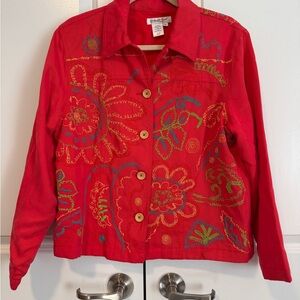 Coldwater Creek Red Embroidered Tencel Jacket Women’s Medium Floral Folk Art